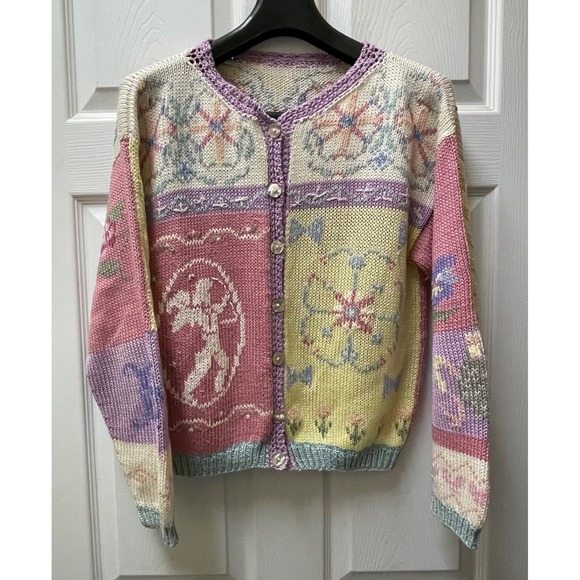 Vintage Handmade Women's Medium Spring Pastels Graphic Cardigan 90's Grannycore - Picture 2 of 15